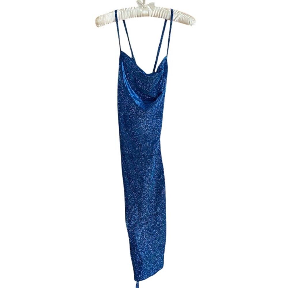 SHEIN BAE Blue Metallic Glitter Ruched Cross Back Mini Dress - Size Small 4 NWT